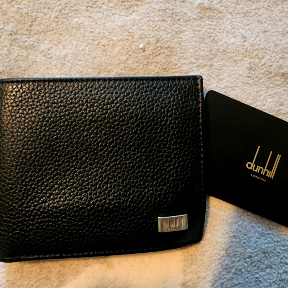 Dunhill Black Textured Leather Bi-Fold Wallet with Silver Logo Plaque